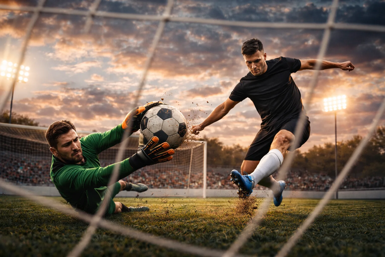 Soccer player striking the ball toward goal